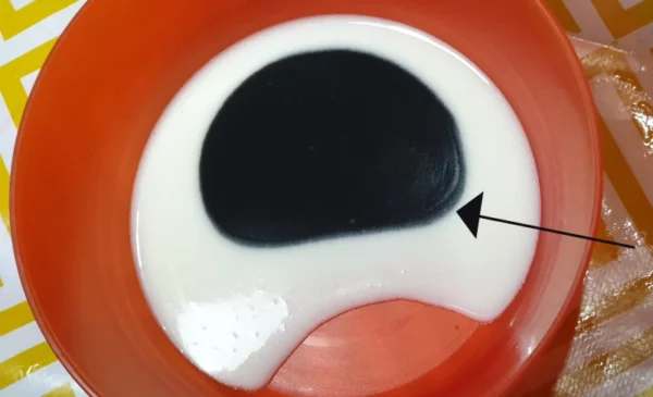 False Trace – The arrow points to the blurred or fuzzy edges between the black soap and the white soap. Soap is not ready for pouring and swirling yet thin-trace-cold-process-soap-not-emulsion- false - trace